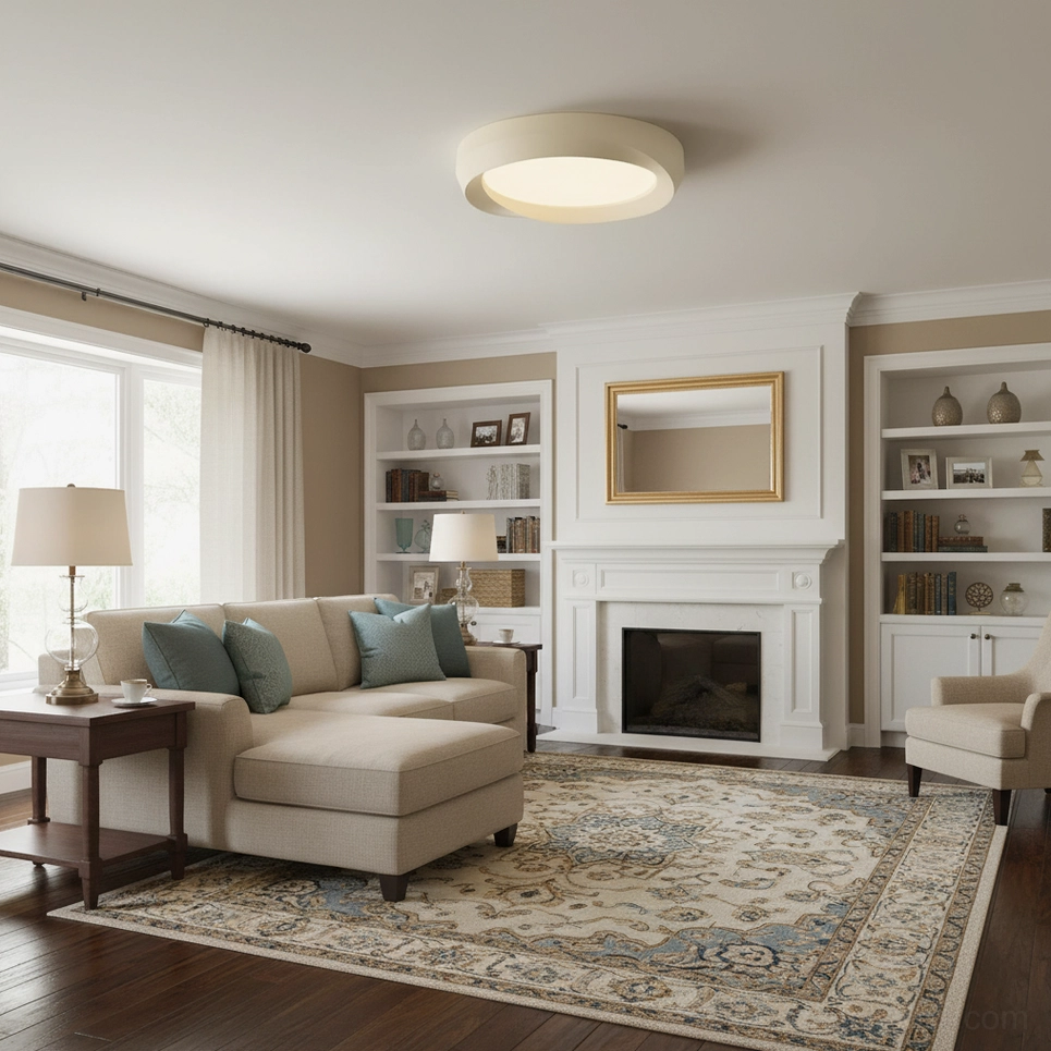 Modern cream flush mount ceiling light installed in luxury living room with fireplace ambiance