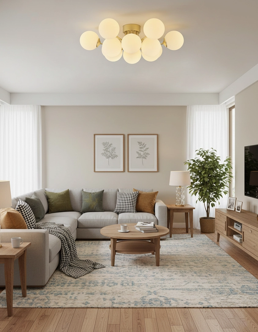 Compact multi-ball ceiling light in modern Nordic living room with brass gold accents and milky frosted shades