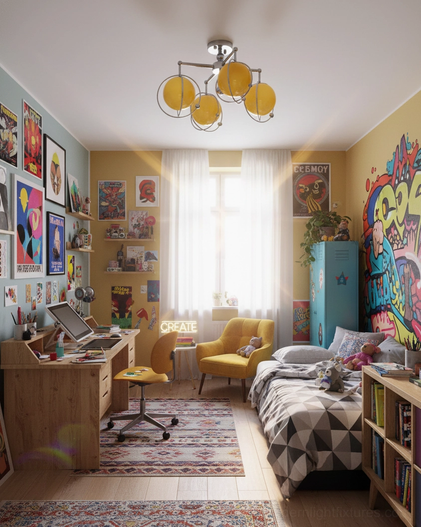 Galaxy Spin semi-flush ceiling pendant installed in eclectic vintage living room with pop-art wall decor