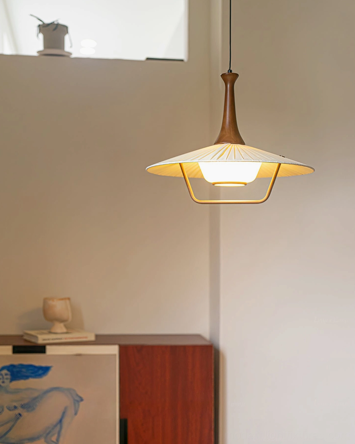 Contemporary ceiling pendant light fixture in minimalist modern home interior space