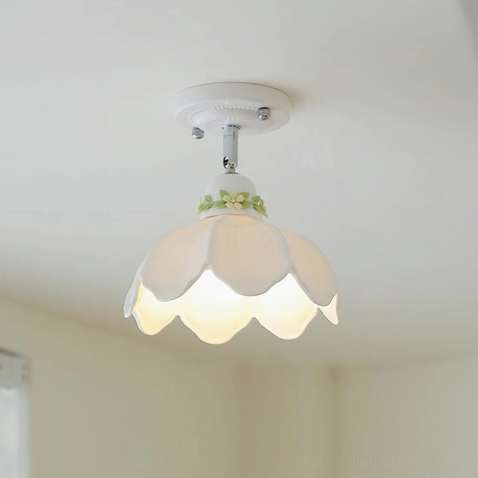 Contemporary ceramic ceiling light Model B with geometric cutout design and metal base fixture