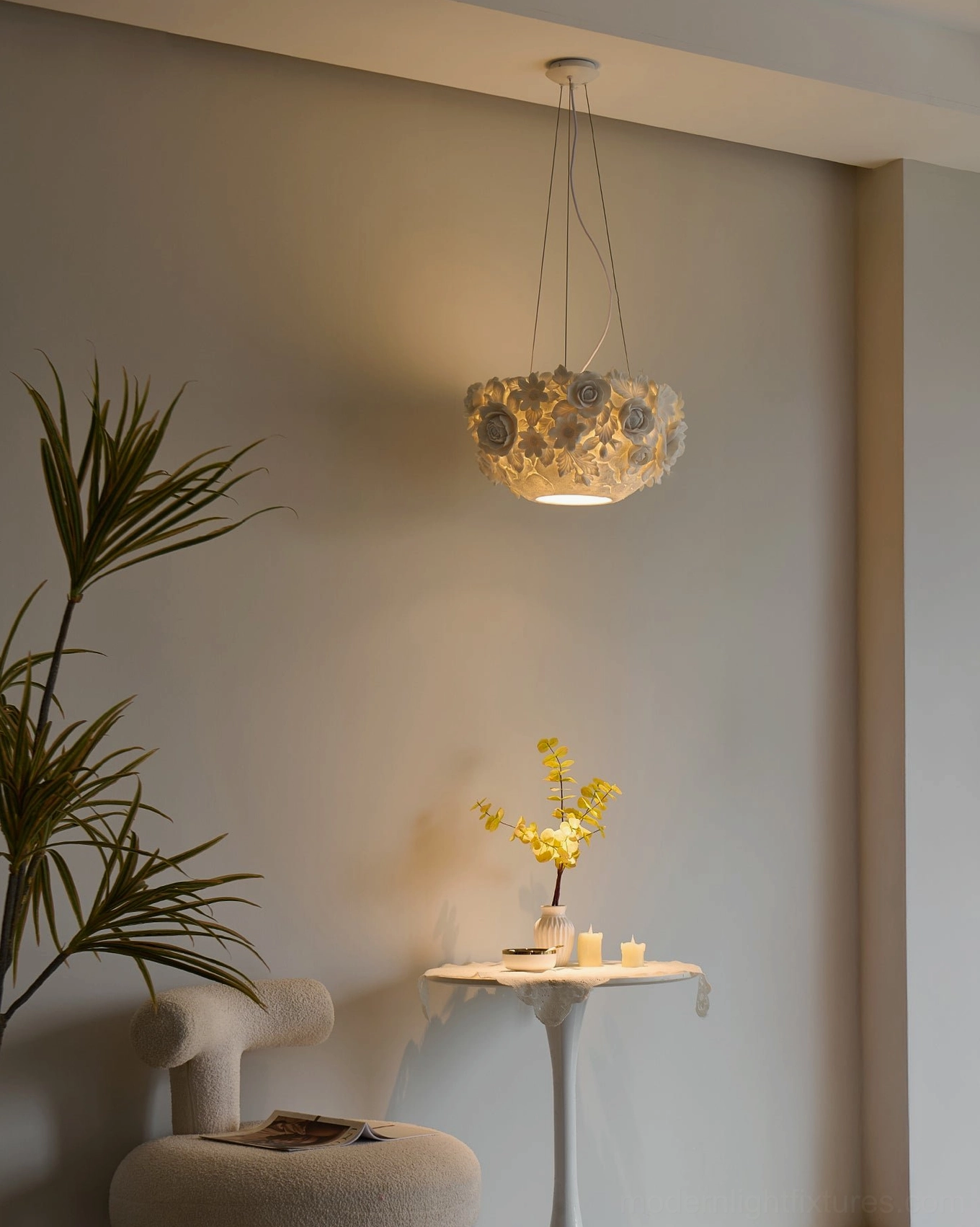 Contemporary ceramic floral pendant lamp in residential setting, showing how sculptural shade integrates with modern décor