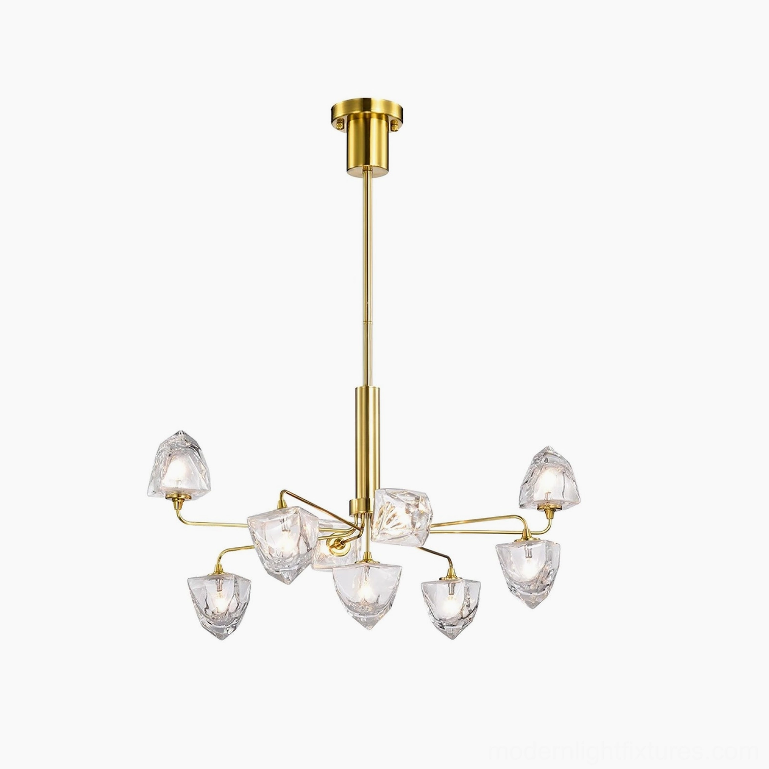 Contemporary chandelier with clear faceted glass shades and black or brass metal frame options