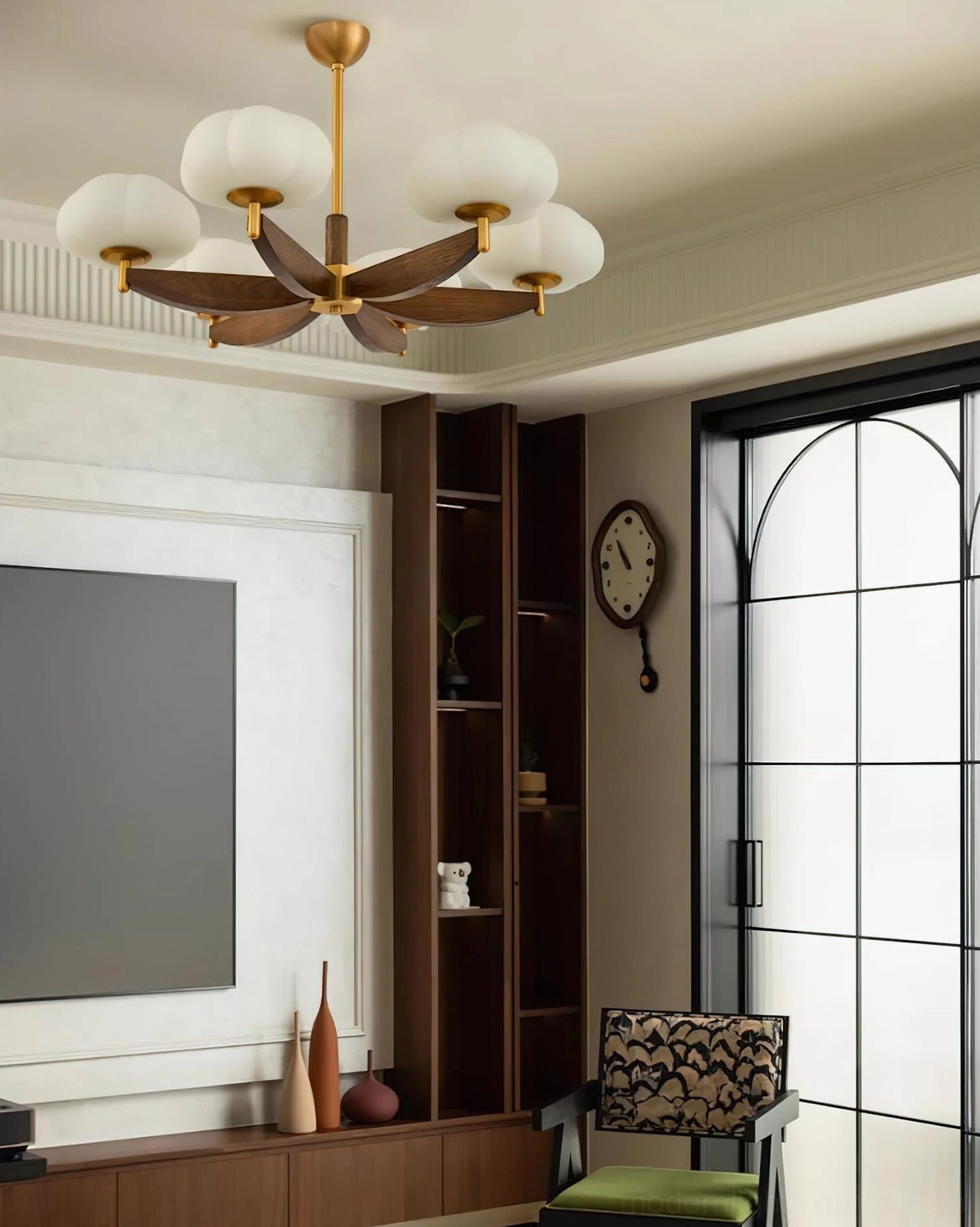 Modern cloud pendant chandelier with 6 glass heads installed in contemporary living room with TV wall cabinet, warm brass and wood color scheme
