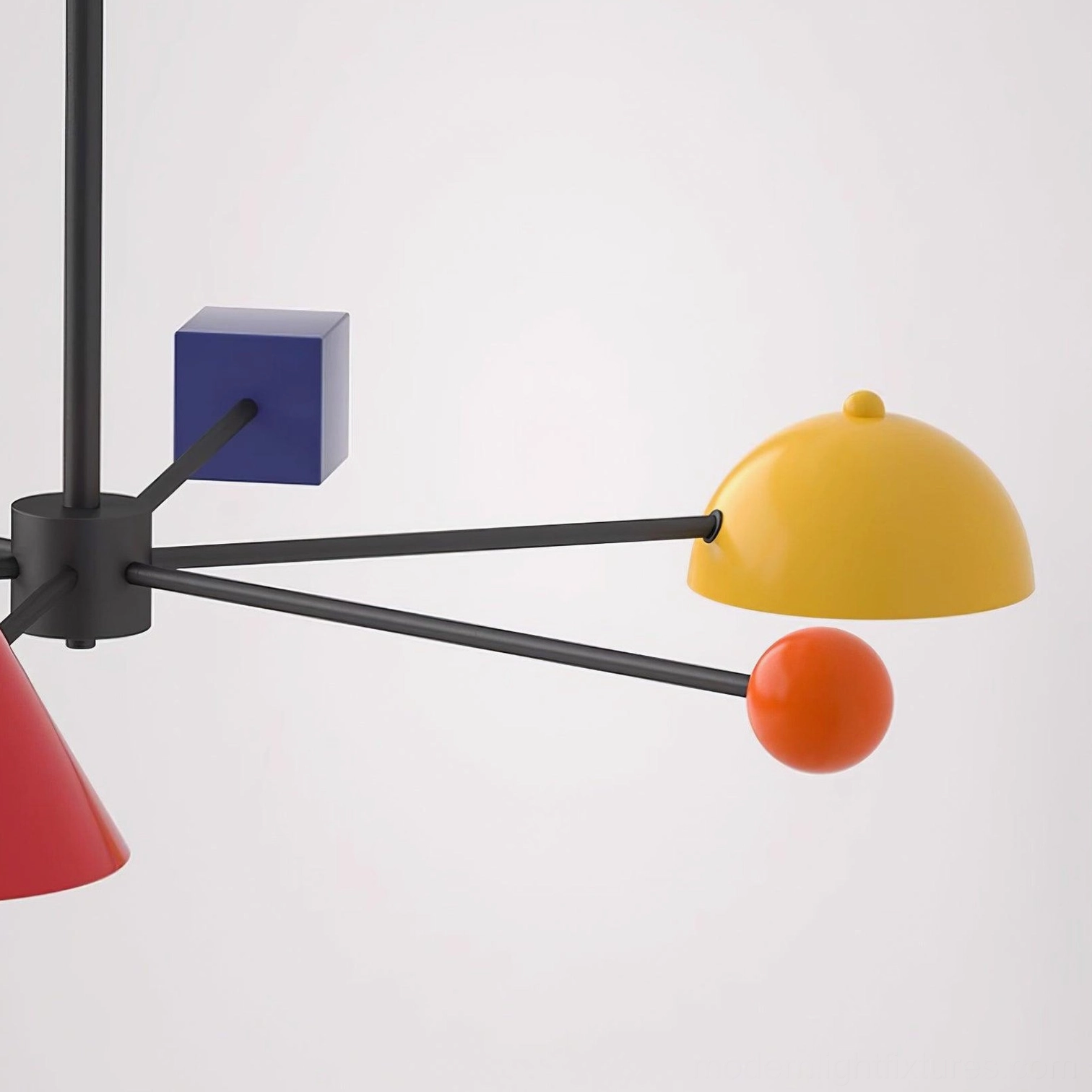 Playful geometric ceiling lamp with colorful acrylic heads and metal frame in creative modern space