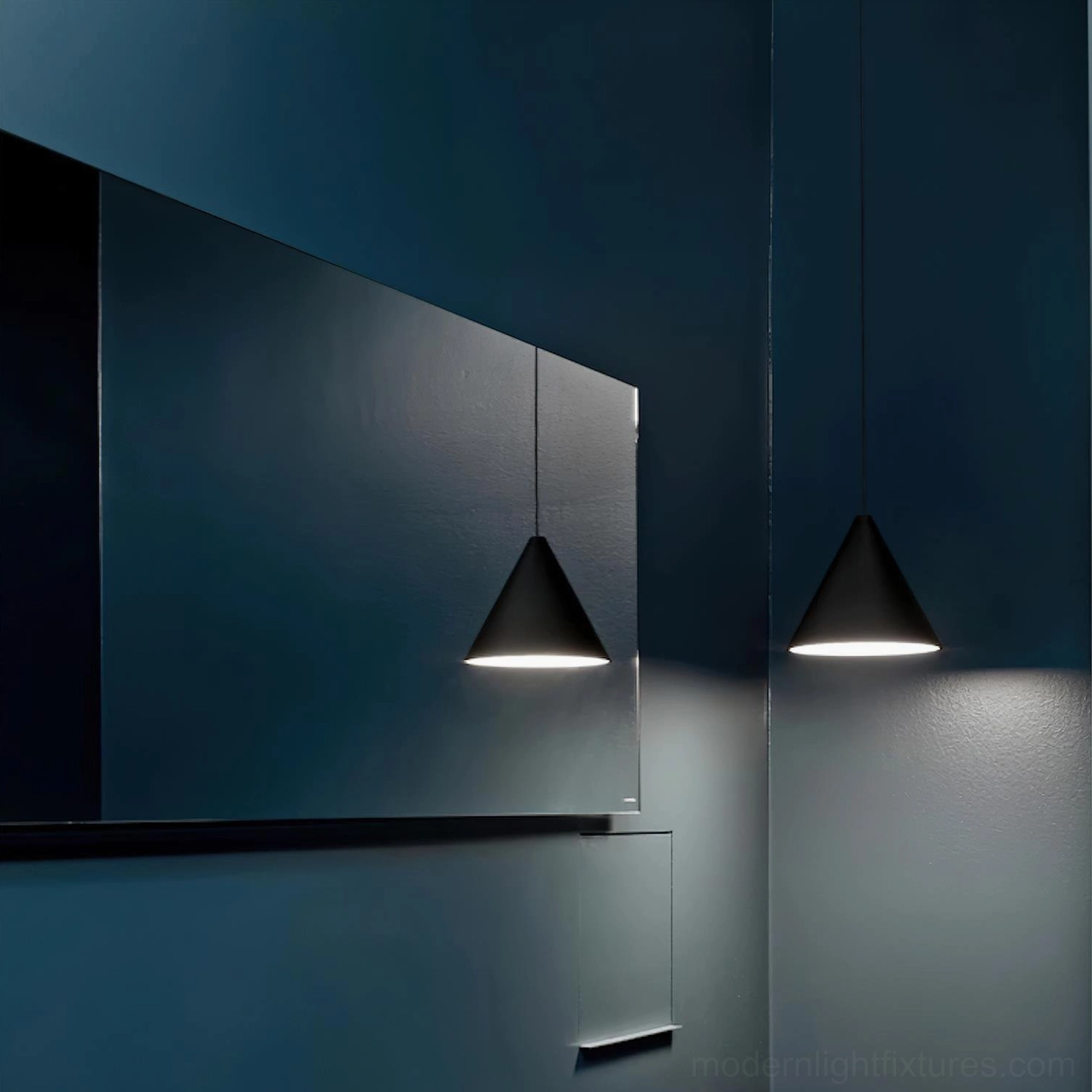 Contemporary cone pendant light with exposed cable, matte finish metal shade, industrial minimalist design detail