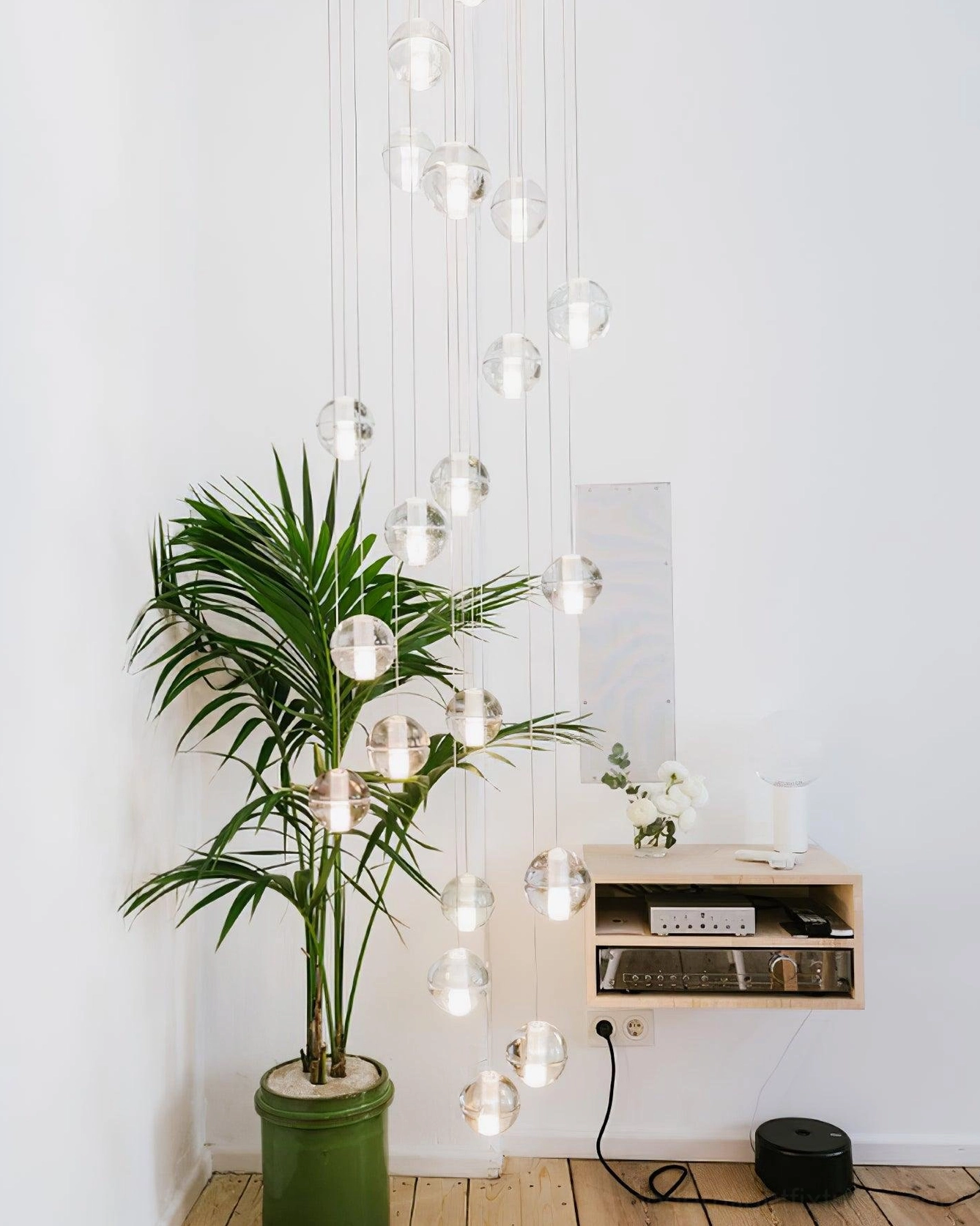 Contemporary crystal cluster chandelier with polished chrome frame and multiple pendant heads