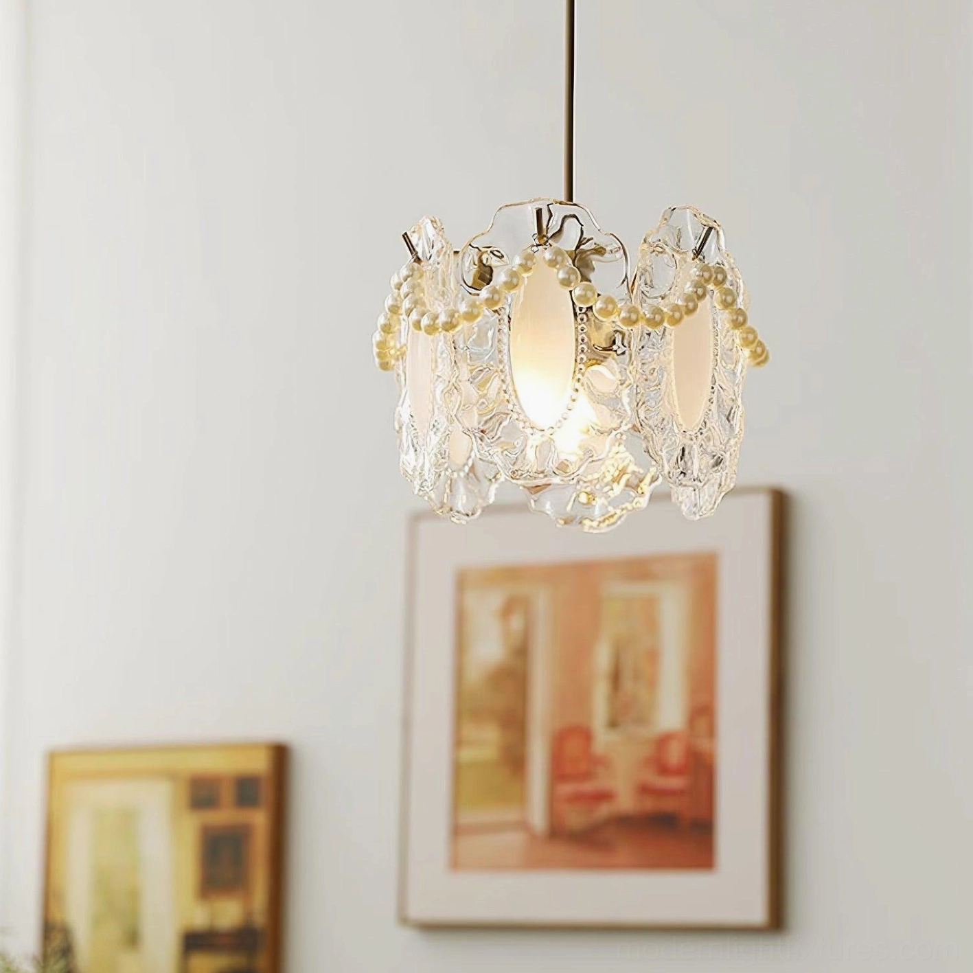 Contemporary pendant light with crystal petal glass design mounted in styled interior showing ambient lighting effect