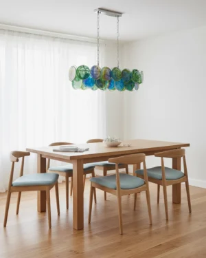 Contemporary glass disc pendant light with green-blue marbled shades installed in residential dining room