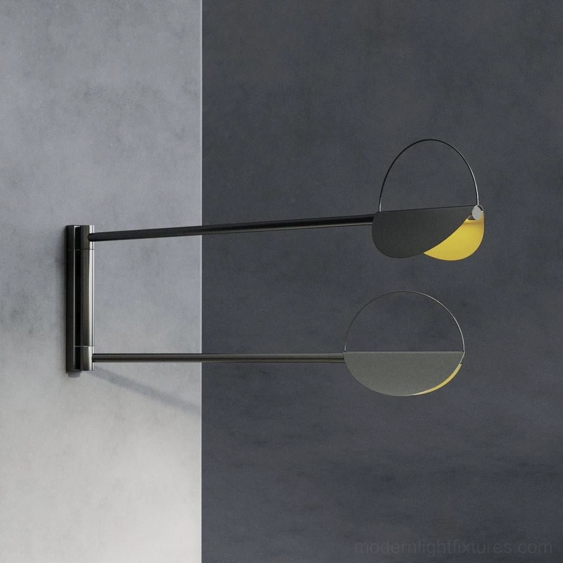 Contemporary wall sconce pair installed on corner walls showcasing minimalist geometric design and mixed metal finishes