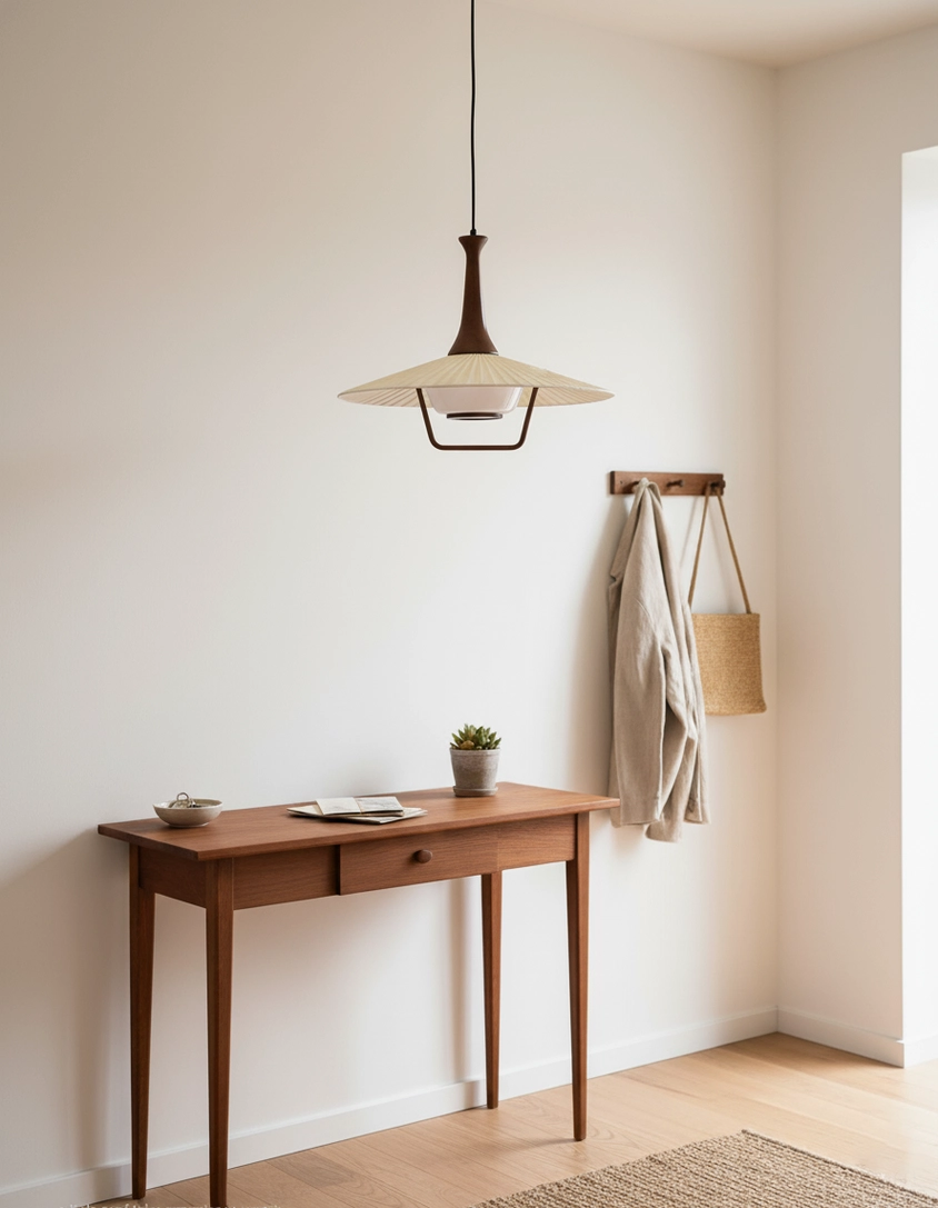 Contemporary fabric pendant ceiling lamp installed in bright minimalist interior space