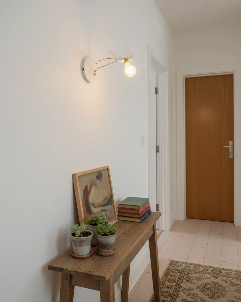 Contemporary feathered wall sconce in modern minimalist interior with clean lines and artistic presence