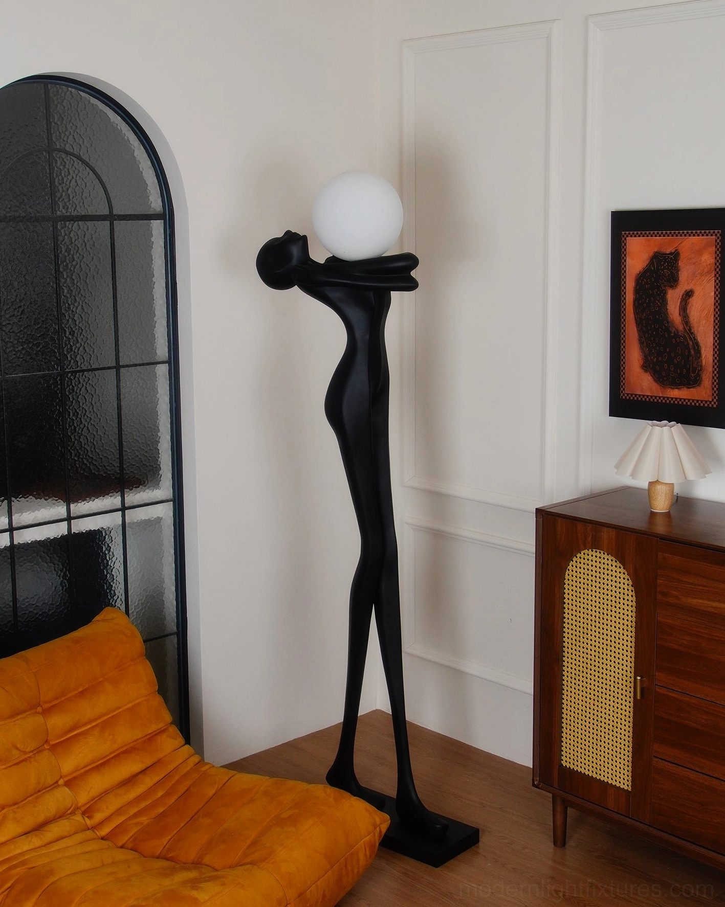 Contemporary sculpture floor lamp modern design, frosted glass diffuser, artistic lighting ambiance