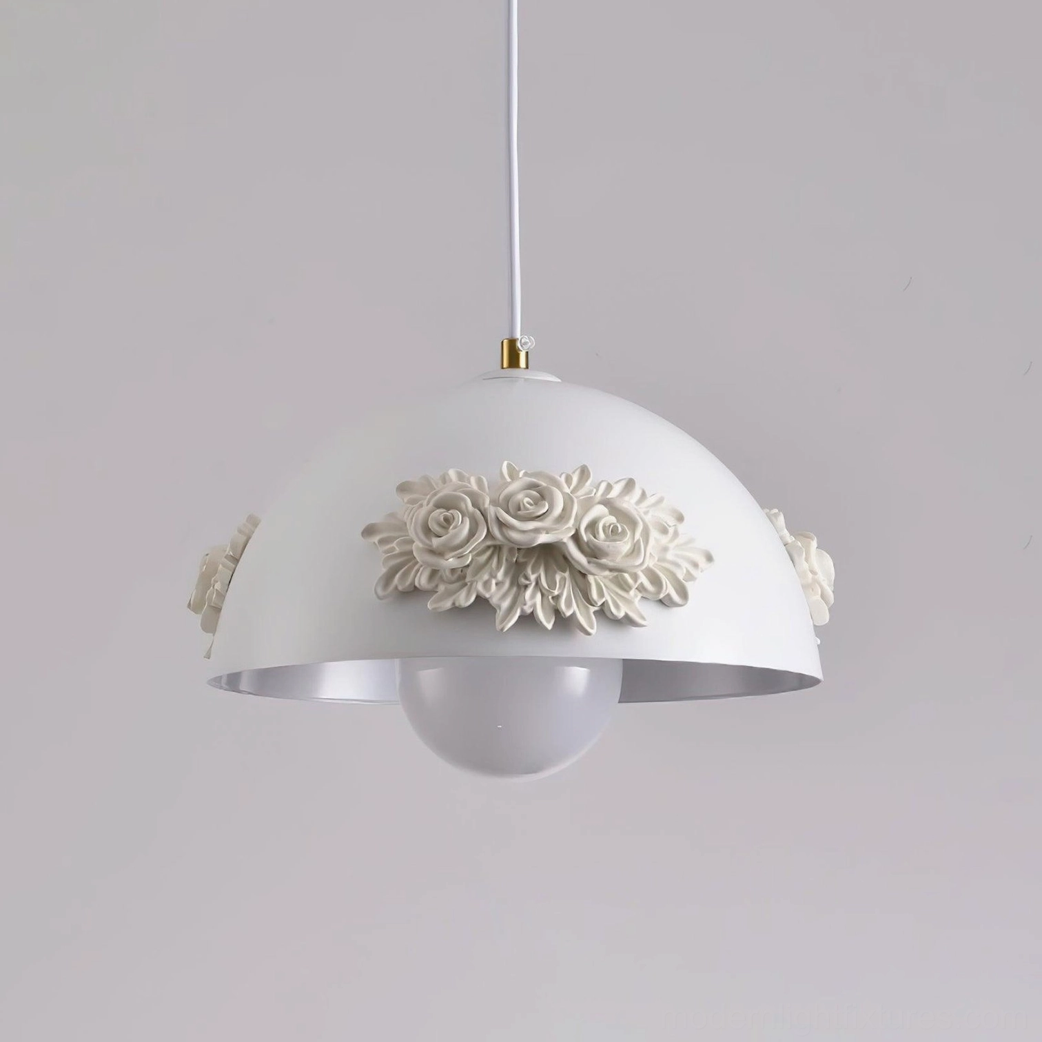 Contemporary floral dome pendant lamp with rose appliqués, acrylic shade, soft warm ambient lighting for bedroom or dining area