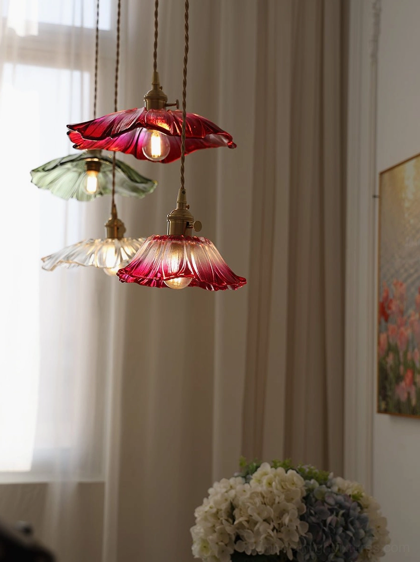 Contemporary flower glass pendant lamp installation in living room or dining area