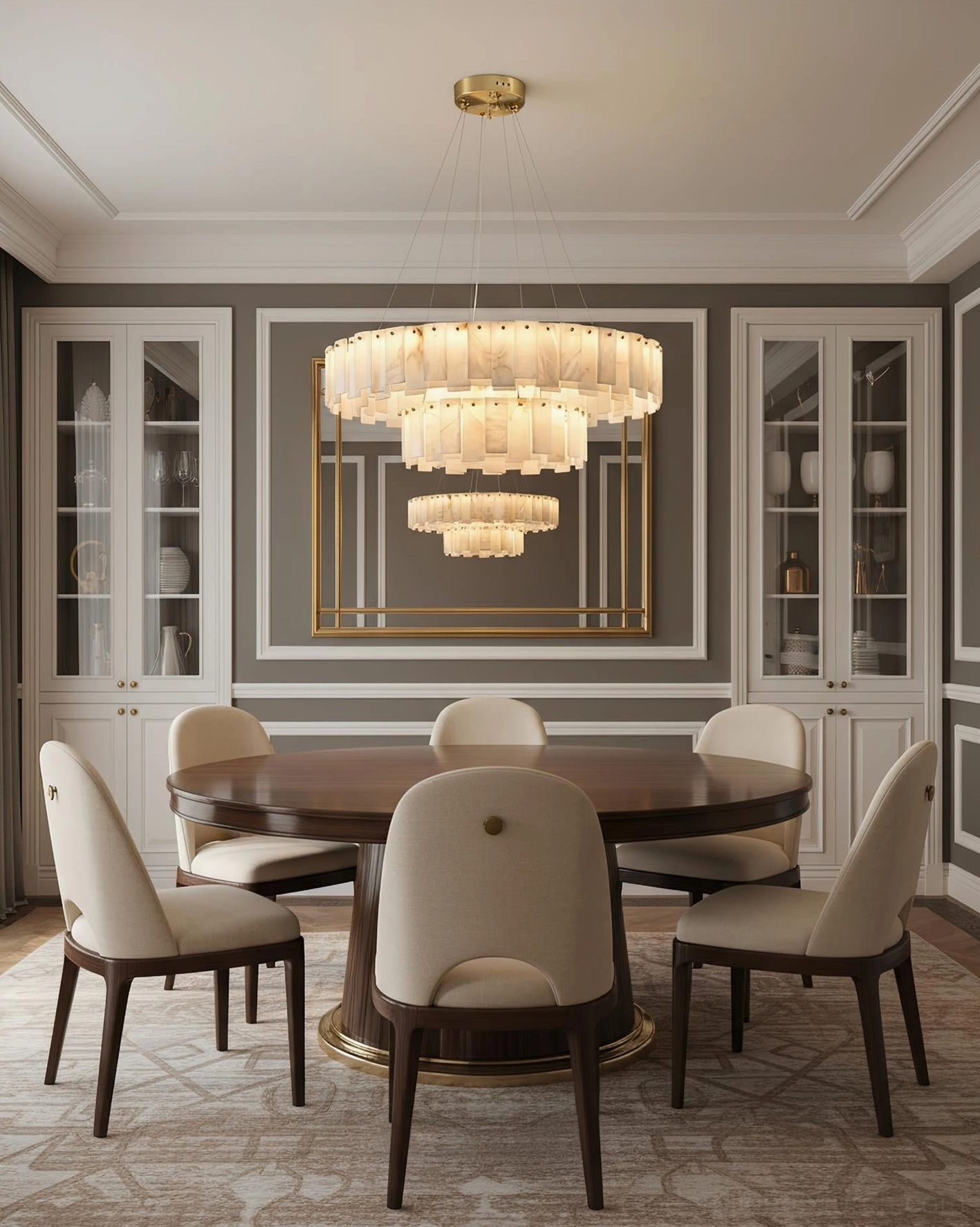 Natural stone alabaster chandelier creating architectural presence in contemporary foyer, geometric hanging light fixture with organic material aesthetic