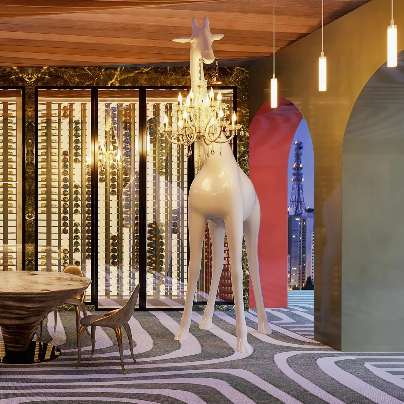 Contemporary giraffe statue floor lamp artistic lighting fixture with crystal chandelier in home environment