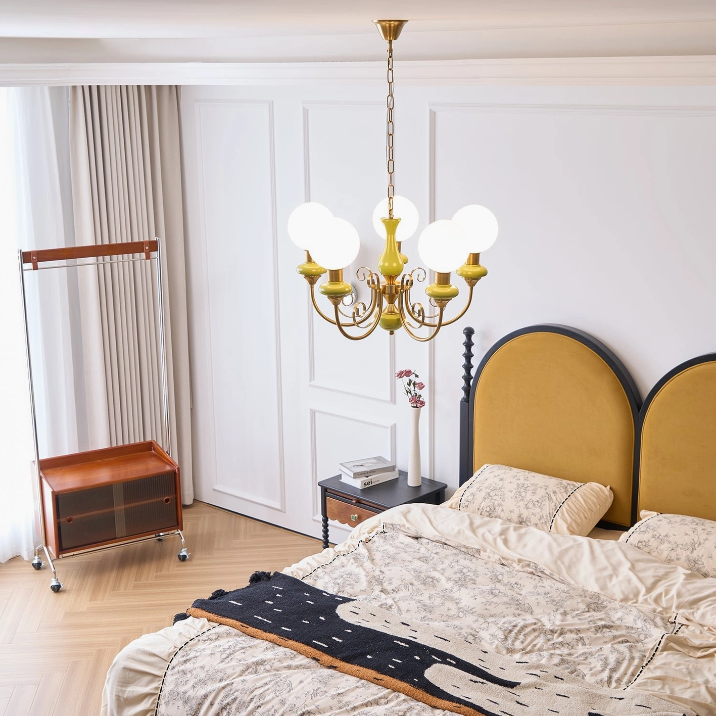 Contemporary glass chandelier with frosted white spheres, designer ceiling fixture