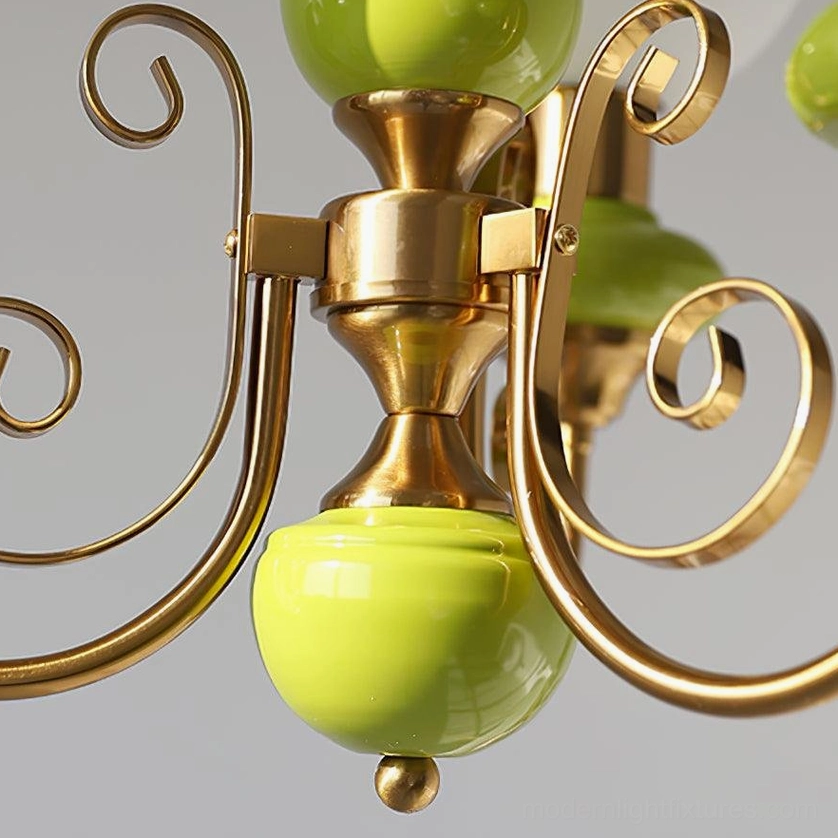 Contemporary glass chandelier with multiple frosted white spheres and metal frame