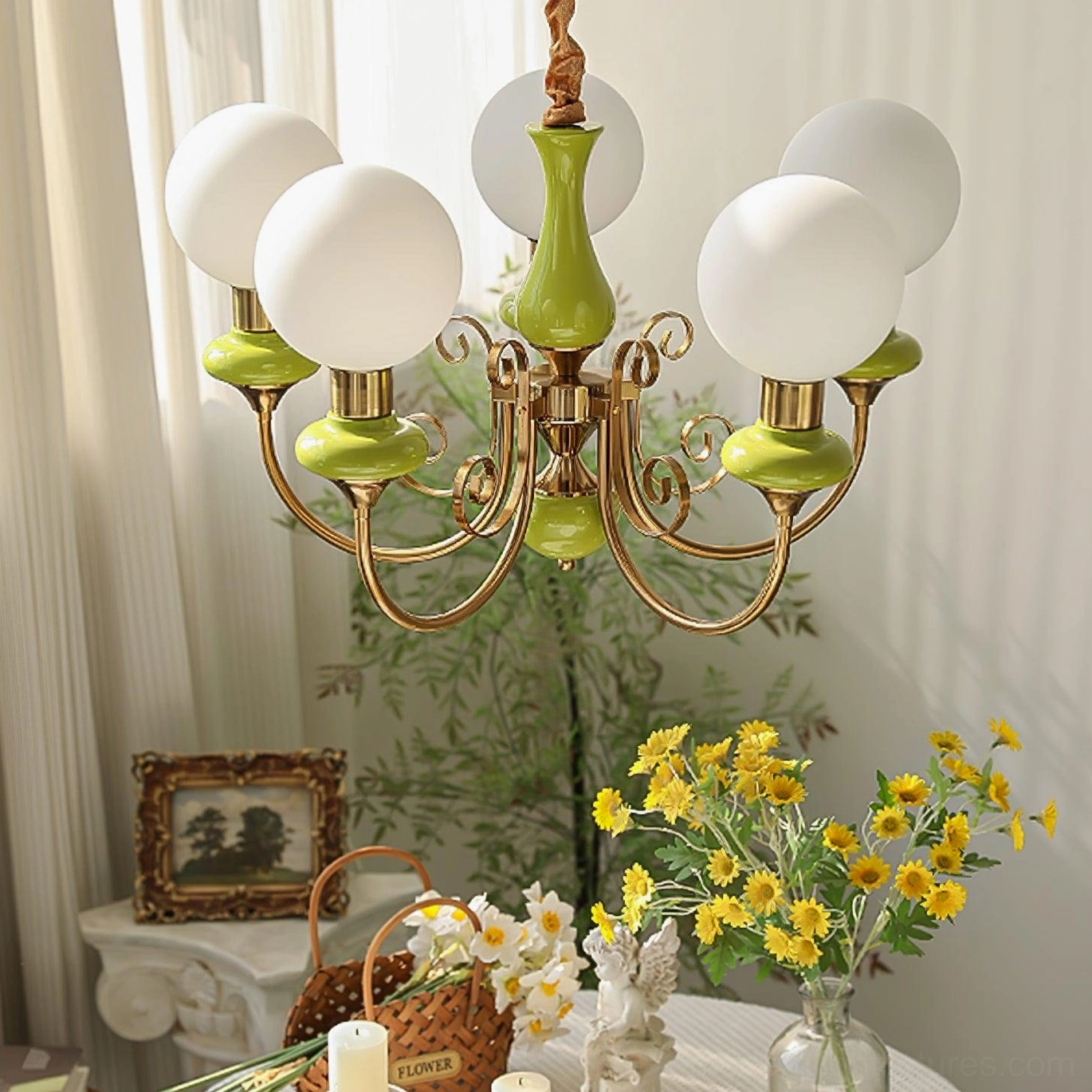 Contemporary glass chandelier with multiple frosted shades and ornate gold suspension arms