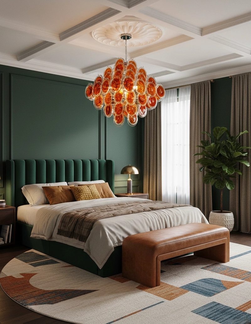 Contemporary hand-blown glass disc chandelier detail view illustrating glass disc arrangement and chrome hardware