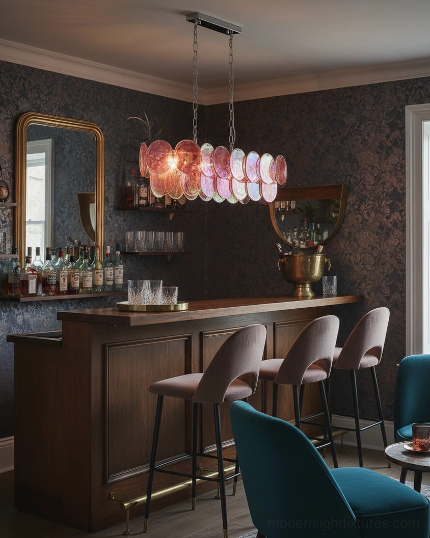 Contemporary glass disc pendant light with pink-orange marbled shades in retro home bar ambiance
