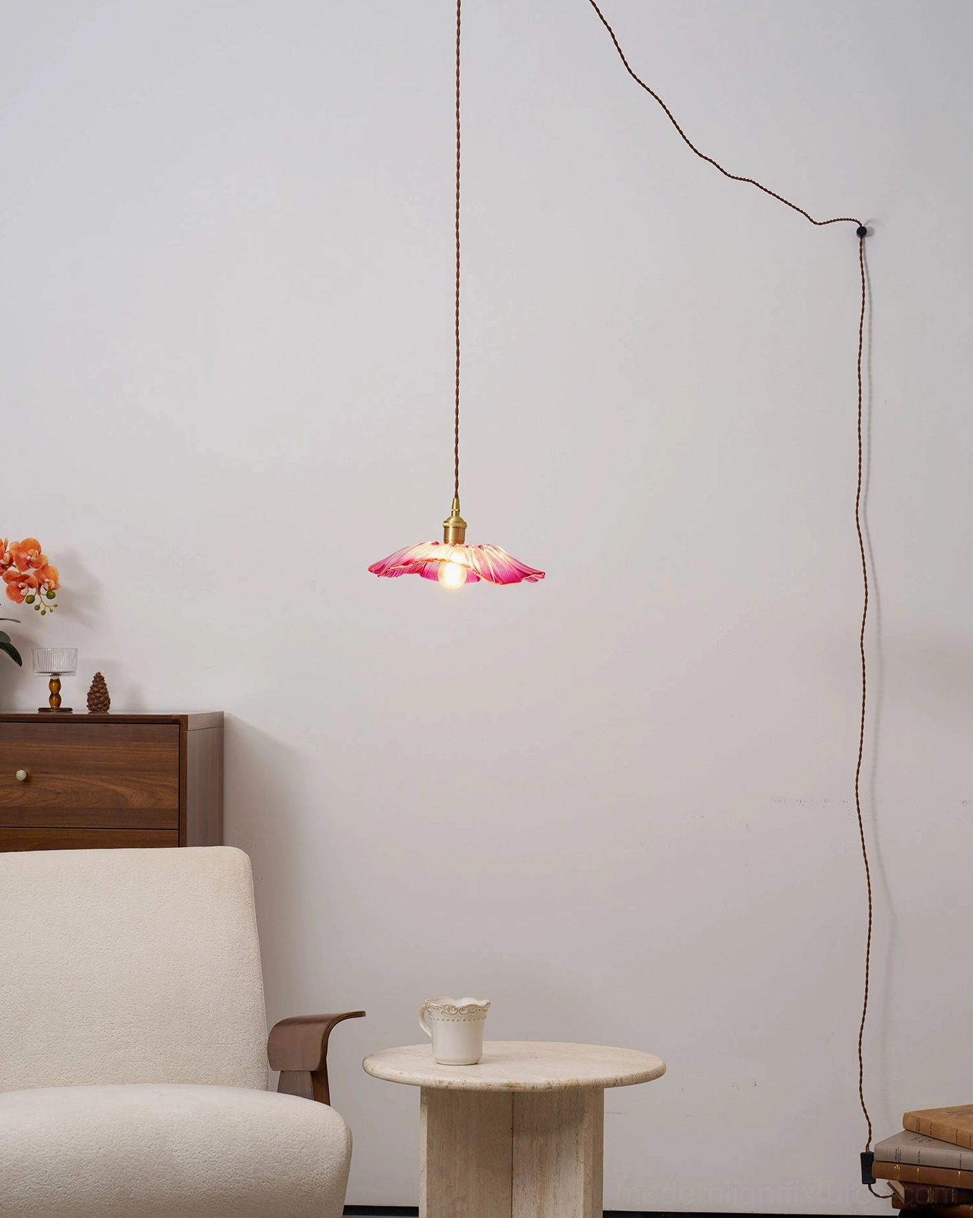 Contemporary glass flower pendant light accent fixture with brass hardware