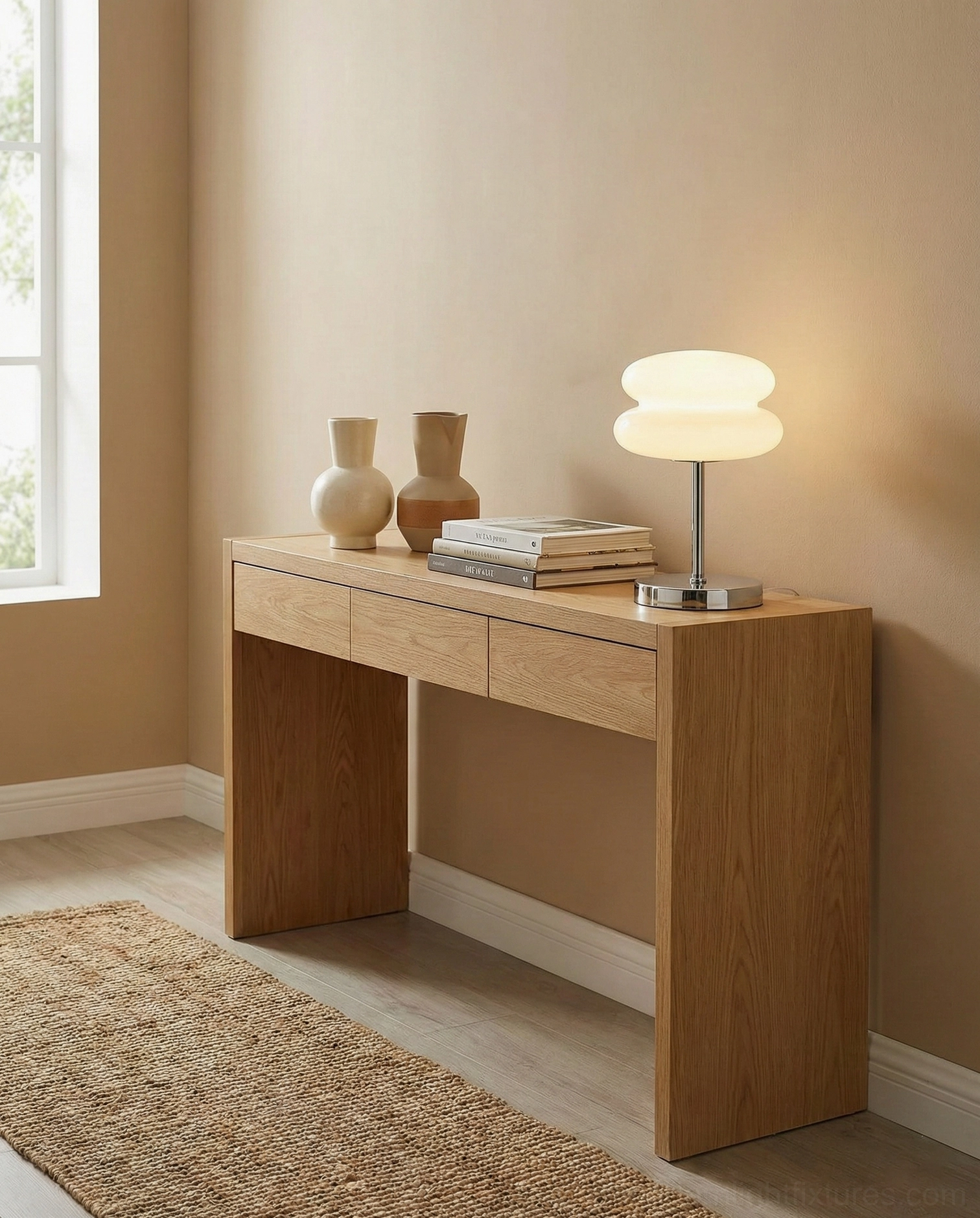 Modern glass table lamp styled on console table with decorative vases in home entryway