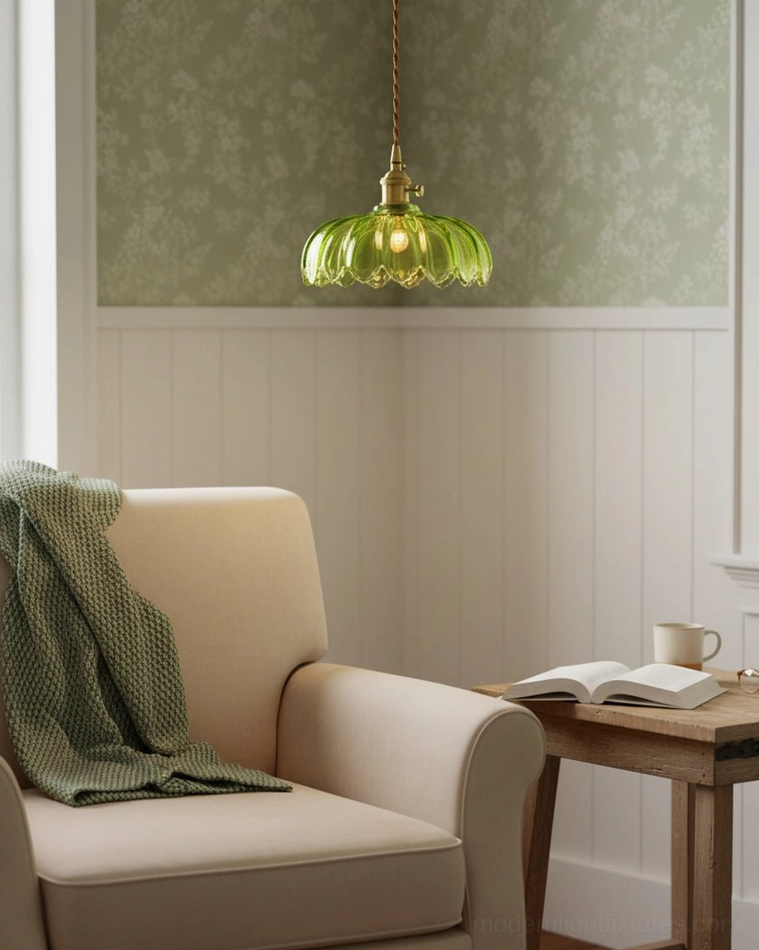Green glass pendant light in farmhouse living room with warm neutral wall paneling