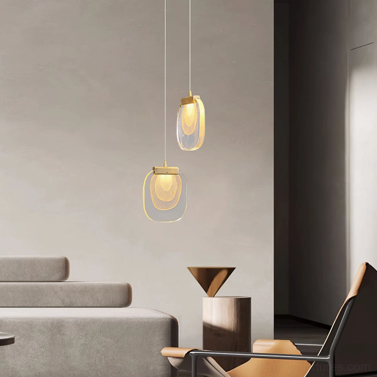Dual glass ripples pendant lights in modern living room with warm ambient lighting design