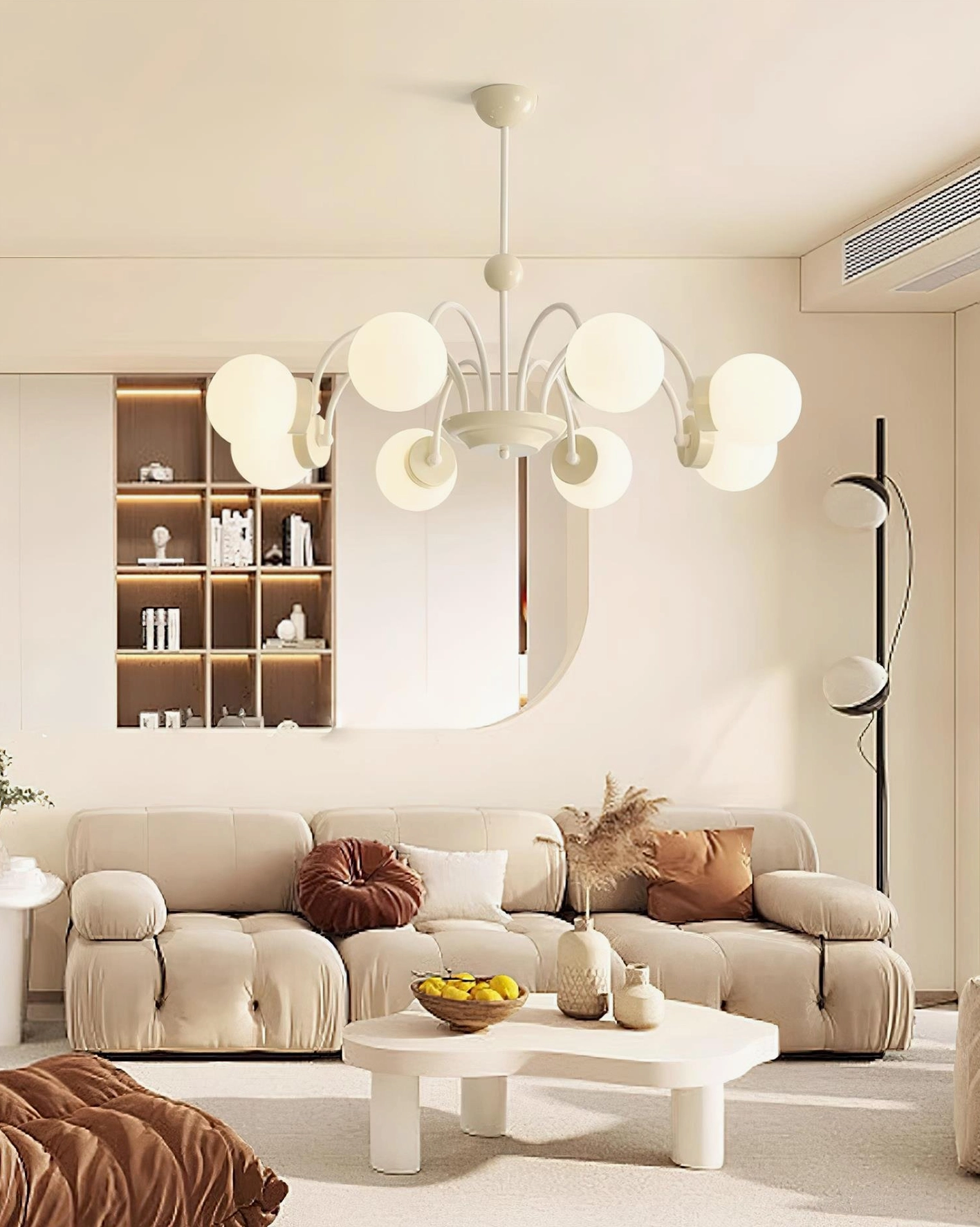 Contemporary globe pendant light fixture, frosted spheres with curved metal supports