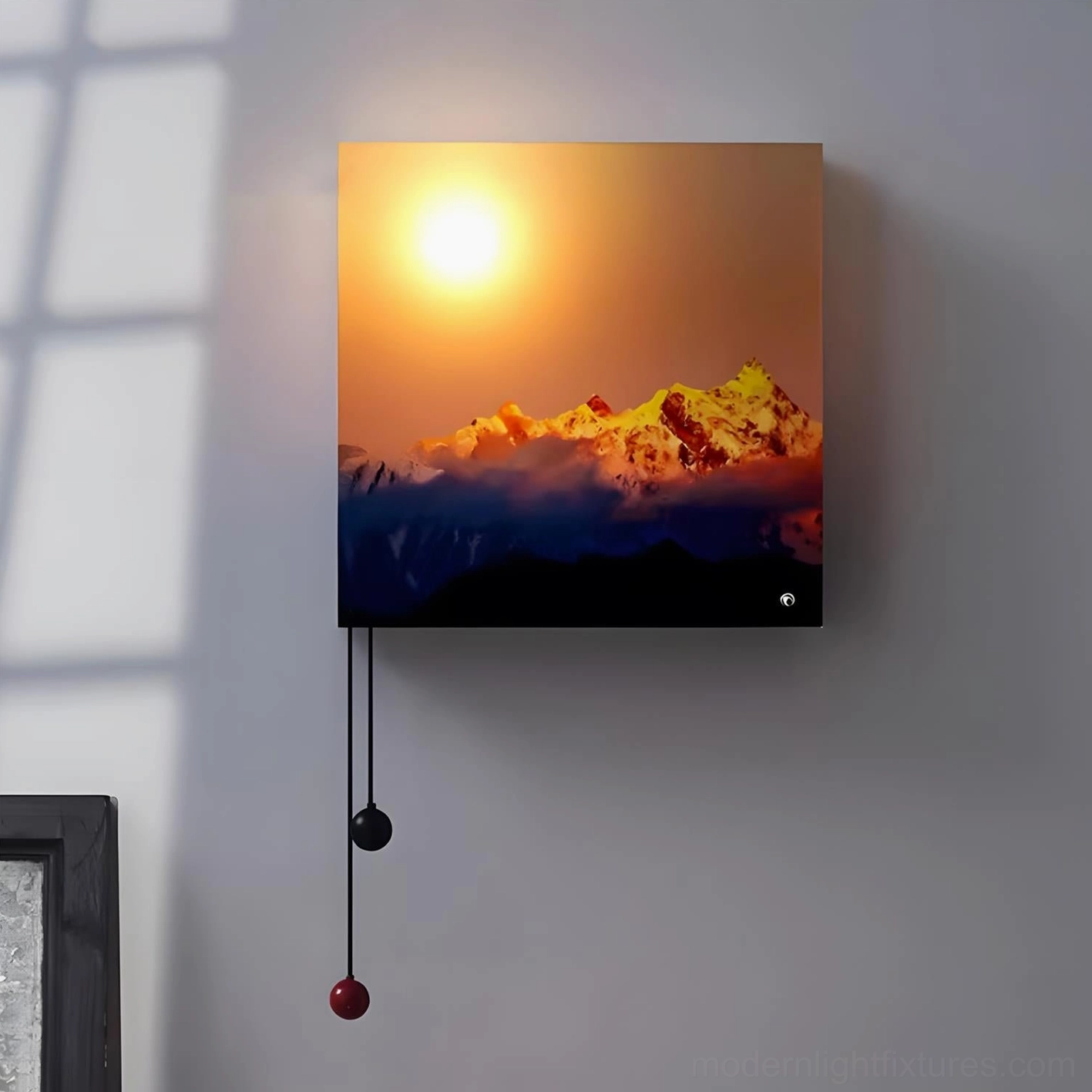 Ember Glow wall sconce Model B with vibrant blue and yellow sunset gradient panel design