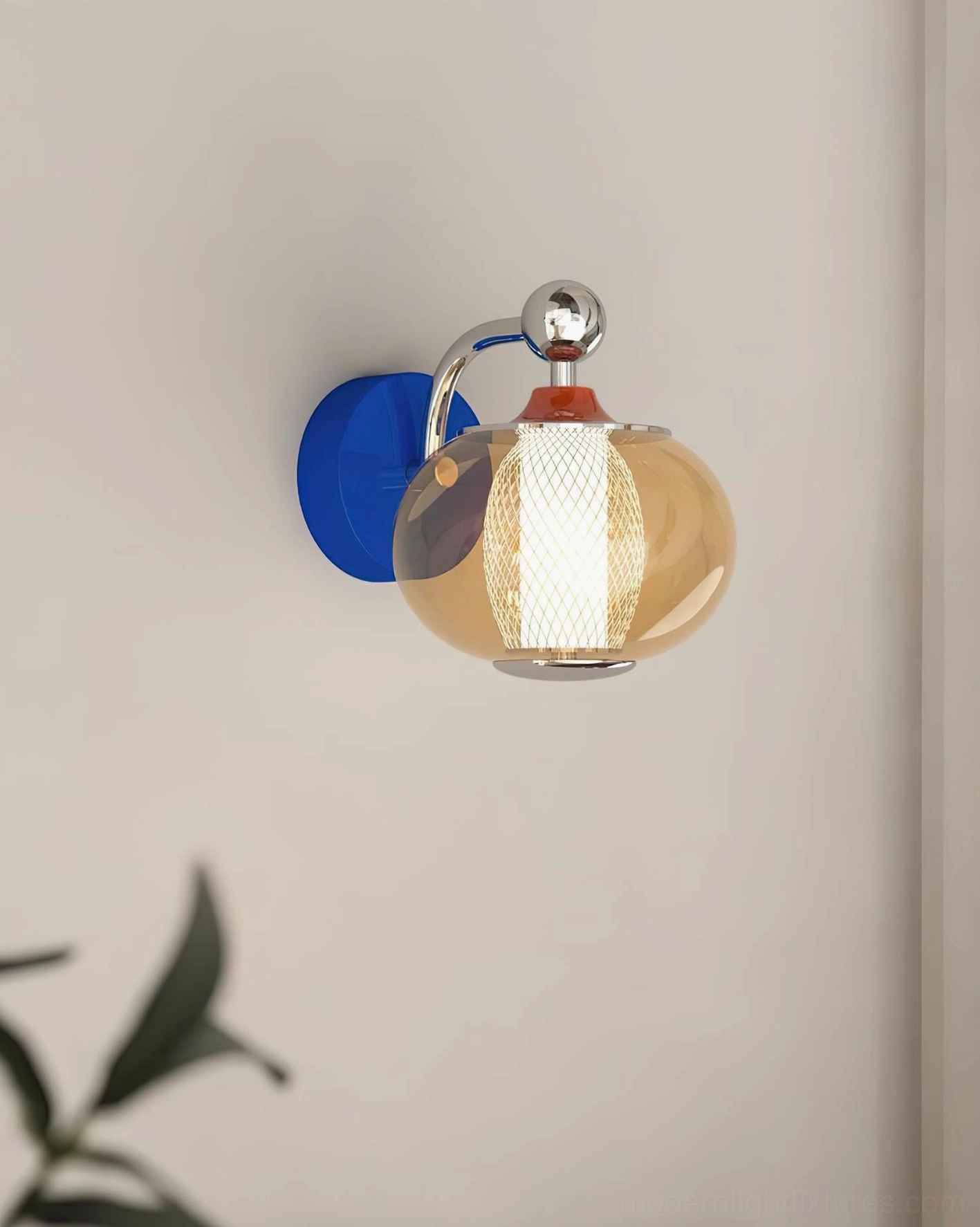 Contemporary Gyro wall sconce with blue round base and cognac spherical glass shade