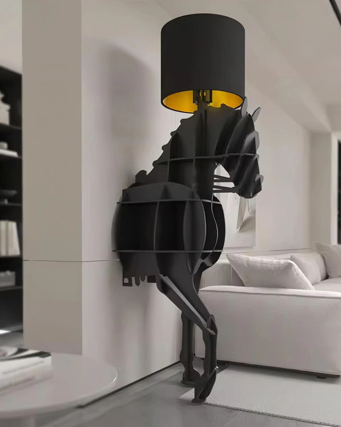 Contemporary black horse floor lamp with cylindrical shade - functional art piece for modern homes