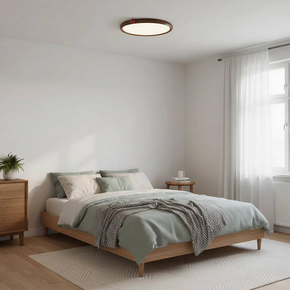 Contemporary round LED ceiling fixture illuminating minimalist master bedroom with wood tone accents