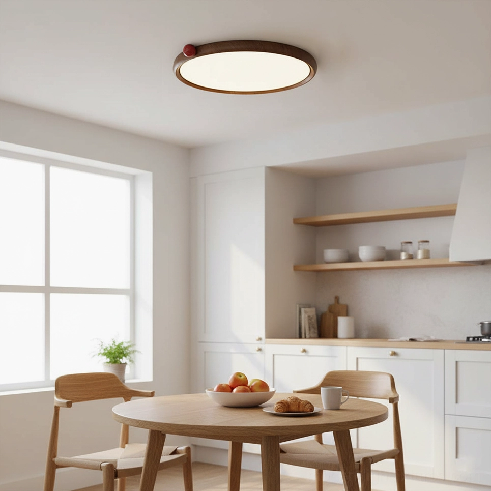 Contemporary LED ceiling light fixture creating even illumination in modern minimalist bedroom space