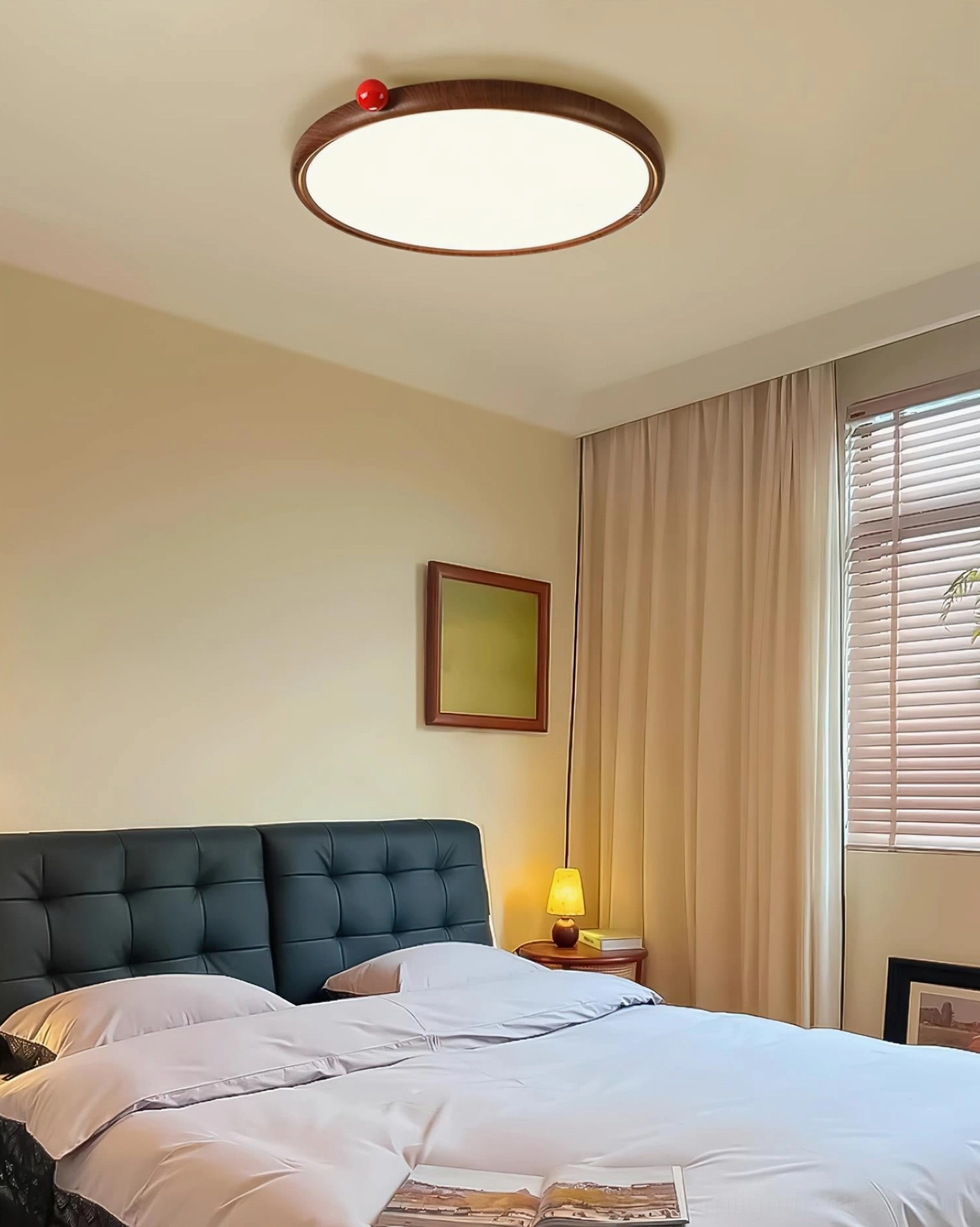 Contemporary round LED flush mount ceiling light with integrated 50000 hour LED in modern space