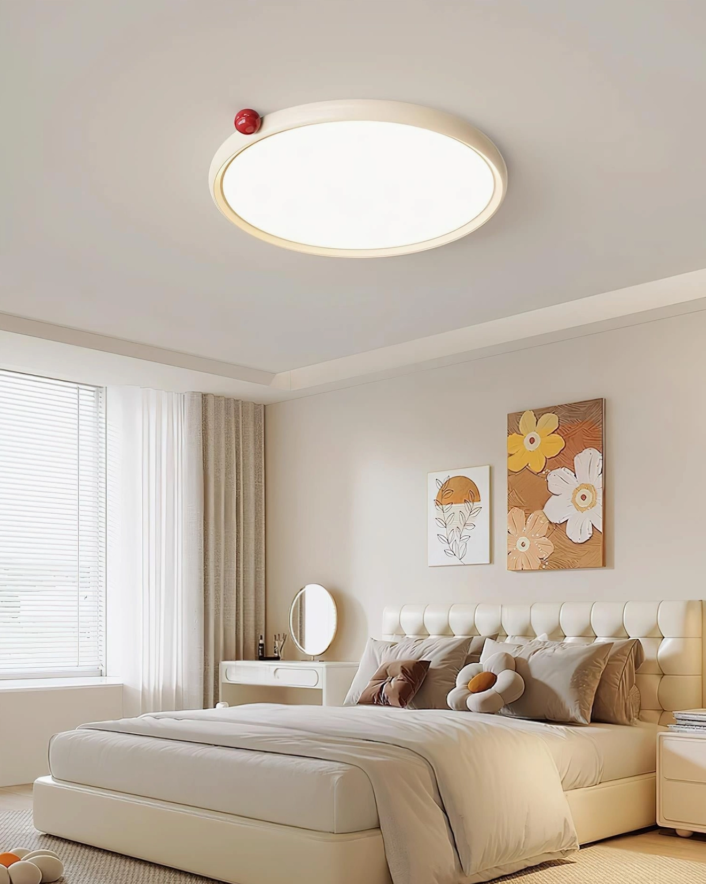 Contemporary round LED flush mount ceiling light with matte white finish in neutral warm bedroom