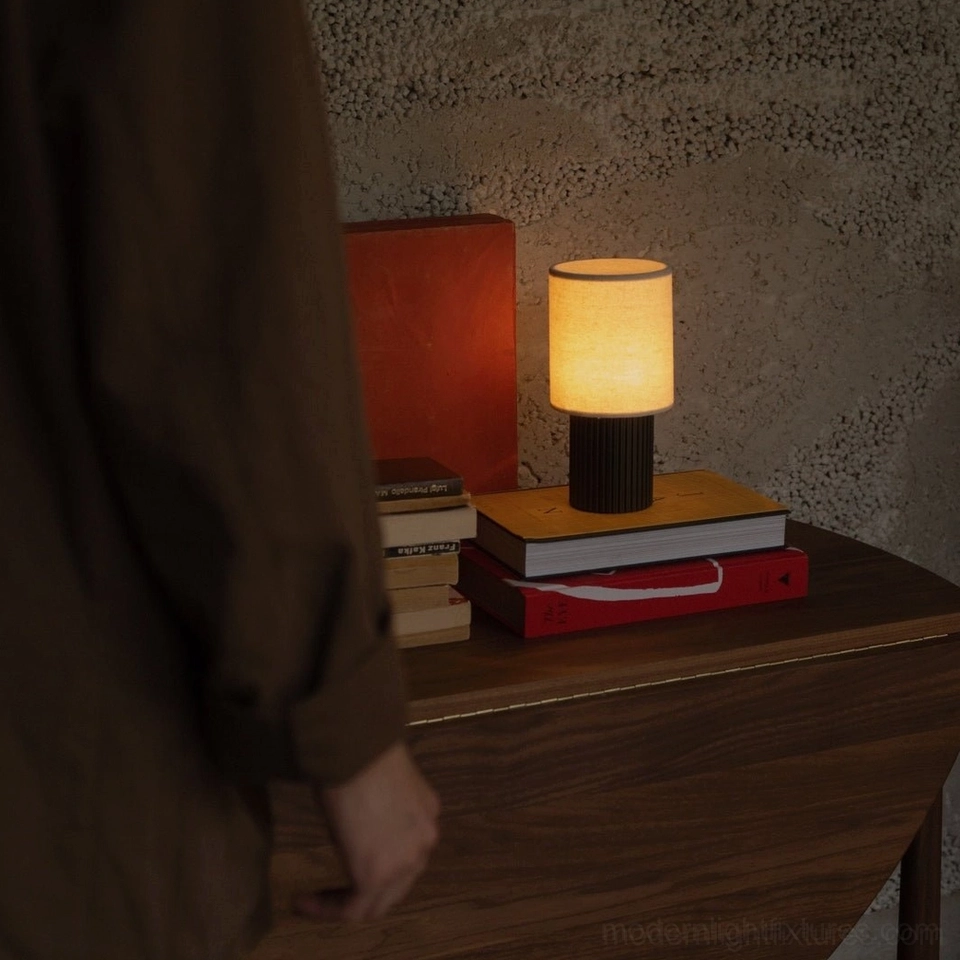 Contemporary table lamp with integrated 50,000-hour LED lifespan, artistic studio view emphasizing premium craftsmanship and natural materials