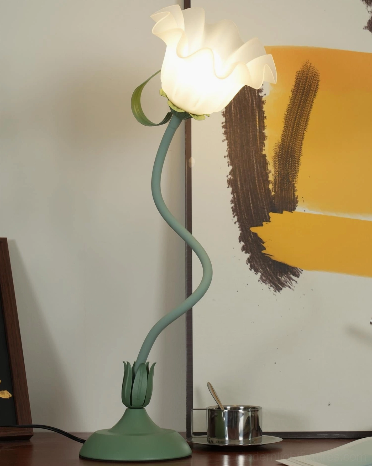 Contemporary lily flower table lamp in eclectic home decor mixed with global artisan pieces