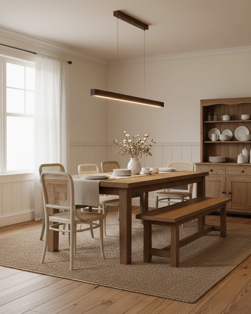 Contemporary linear pendant chandelier with metal hardware and frosted acrylic diffuser creating soft warm white light