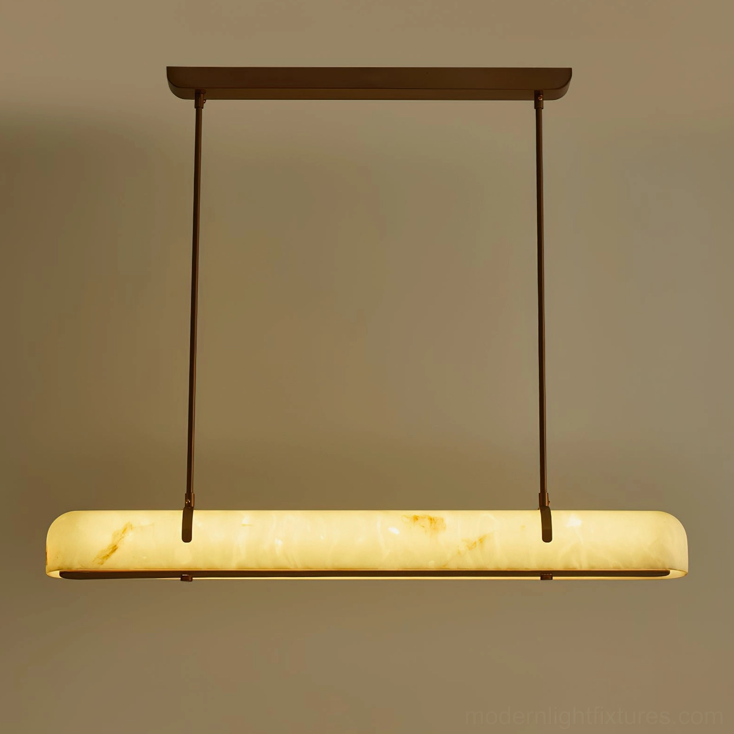 Contemporary alabaster linear chandelier warm white 3000k color temperature providing ambient lighting in modern living space