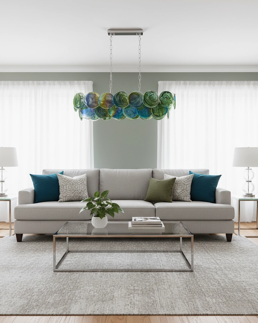 Contemporary linear glass disc chandelier with mixed marbled glass shades and metal frame