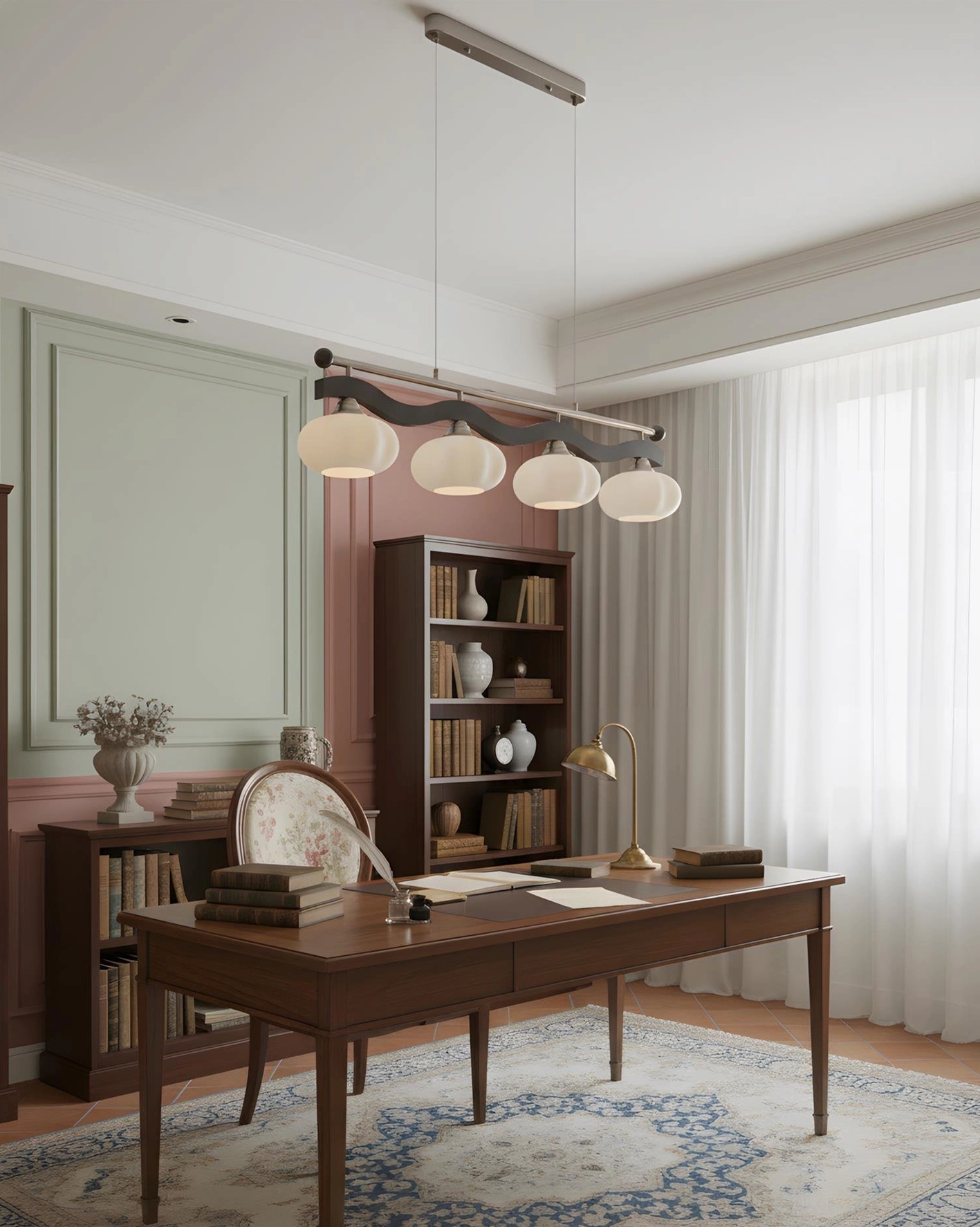 Contemporary linear pendant light with frosted glass domes suspended by thin cables in modern dining space