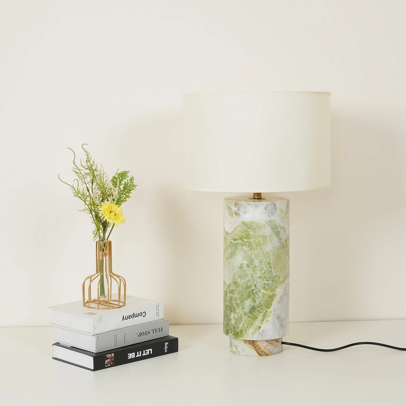 Contemporary marble table lamp with premium fabric shade and hand-selected natural stone base