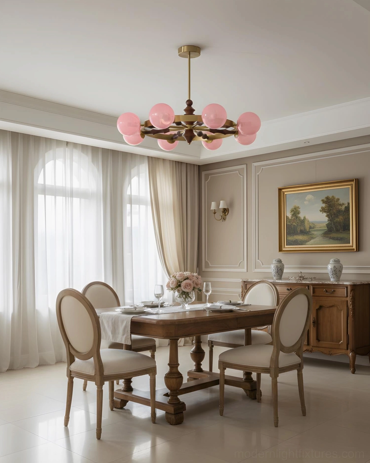 Contemporary mid-century modern chandelier with wood accents and frosted glass spheres overhead view