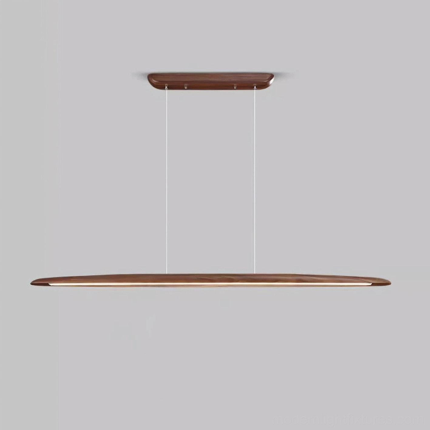 Contemporary minimalist dining room with linear LED wood chandelier and clean interior design aesthetic
