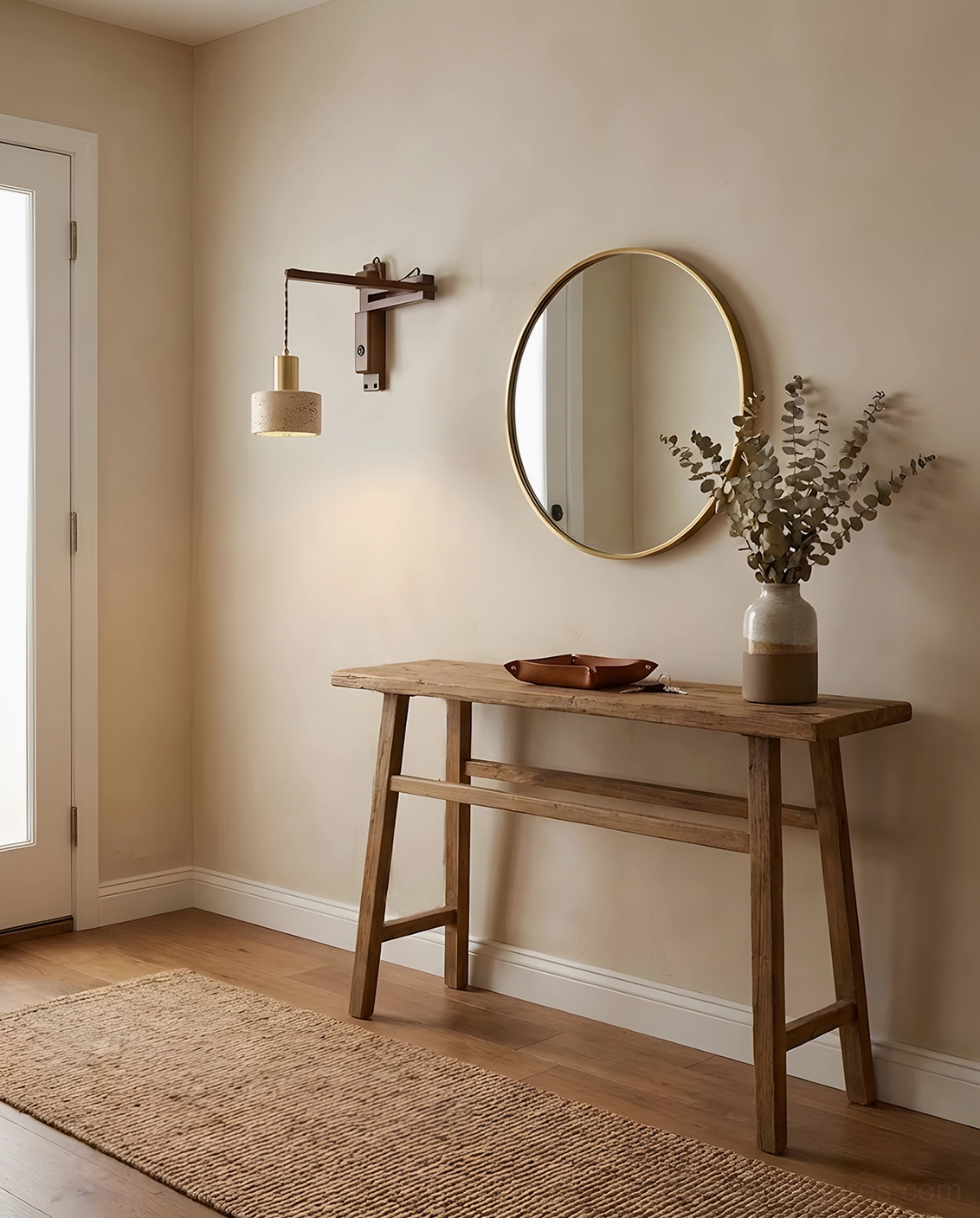 Contemporary wall-mounted sconce with travertine lampshade, wooden swing arm in modern minimalist interior design setting