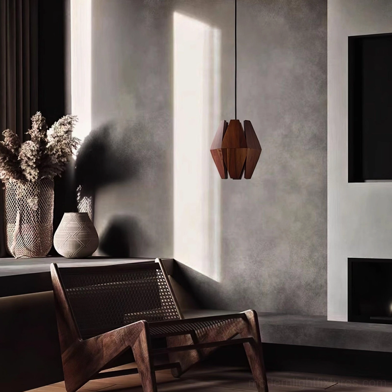 Contemporary pendant fixture featuring mixed wood and metal materials in modern design