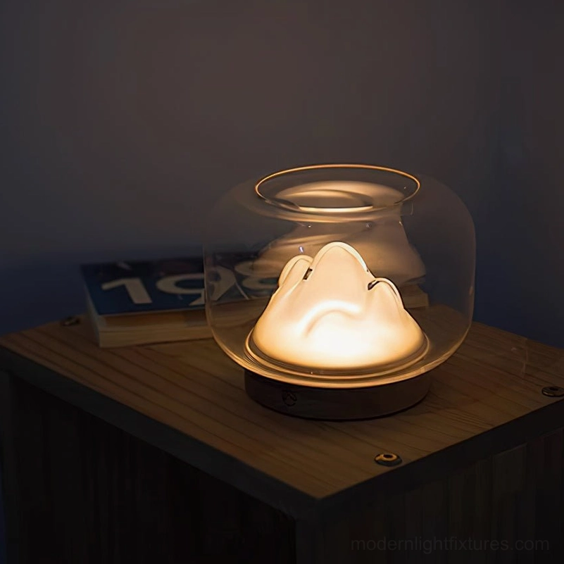 Contemporary warm mountain table lamp touch switch feature, integrated LED design, japandi interior aesthetic